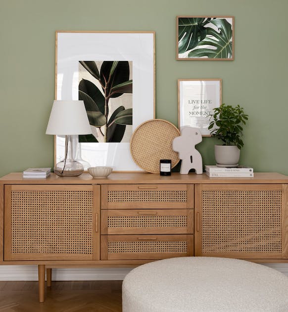 Green and botanical gallery wall combined with text poster with oak frames for the hallway or living room
